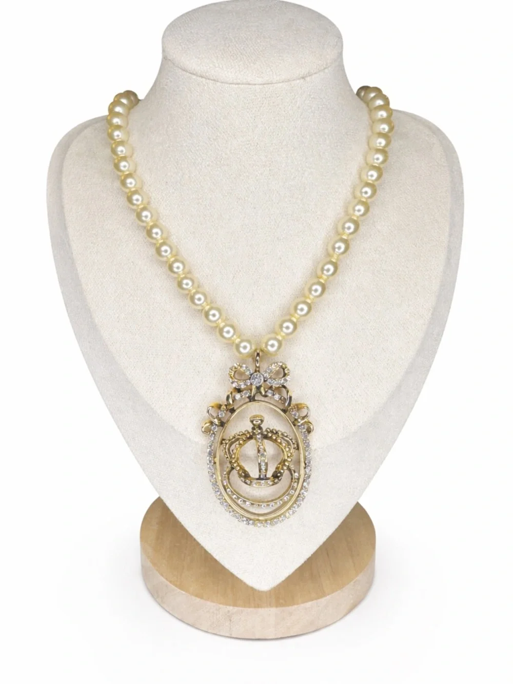 Vintage Faux Pearl Necklace Crown Pendant Rhinestone Gold Tone Royal Core